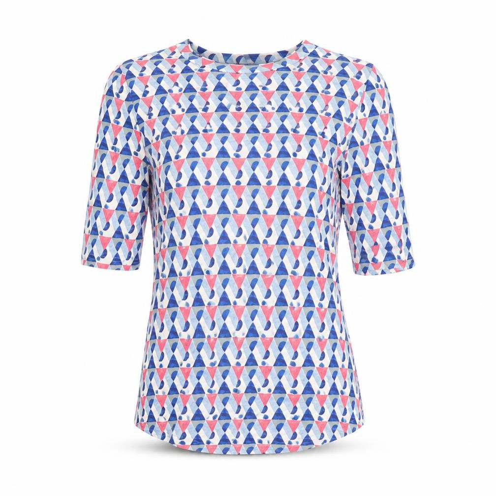 Front view of Marks & Spencer women’s multicoloured geometric cotton basic t-shirt, size UK 12, round neck