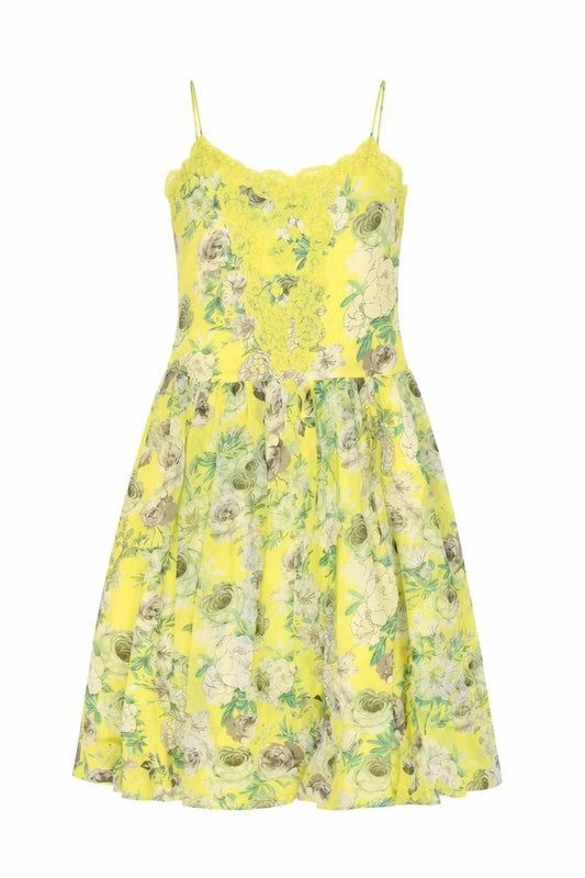Front view of ASOS women’s yellow floral polyester a-line, size UK 2, v-neck pullover