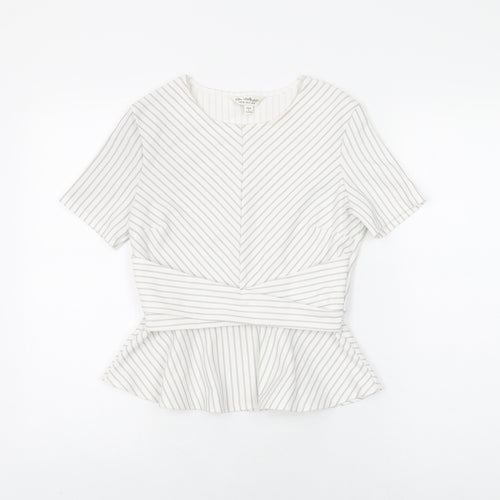 Miss Selfridge Womens White Striped Polyester Basic T-Shirt Size 8 Round Neck