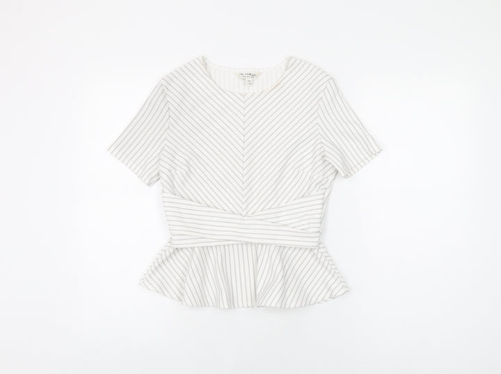 Miss Selfridge Womens White Striped Polyester Basic T-Shirt Size 8 Round Neck