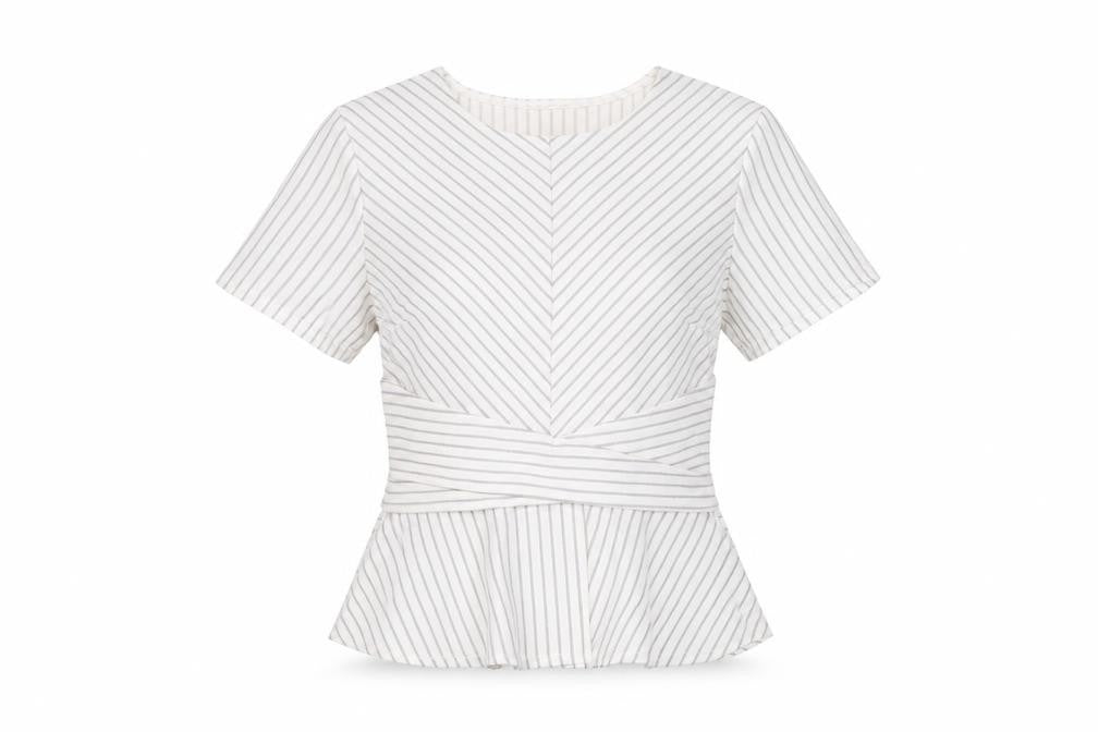 Front view of Miss Selfridge women’s white striped polyester basic t-shirt, size UK 8, round neck