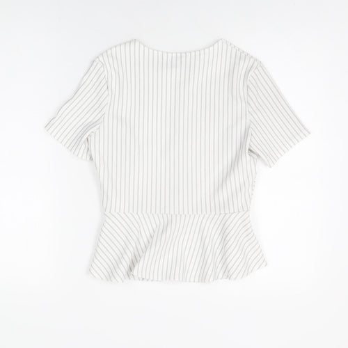 Miss Selfridge Womens White Striped Polyester Basic T-Shirt Size 8 Round Neck