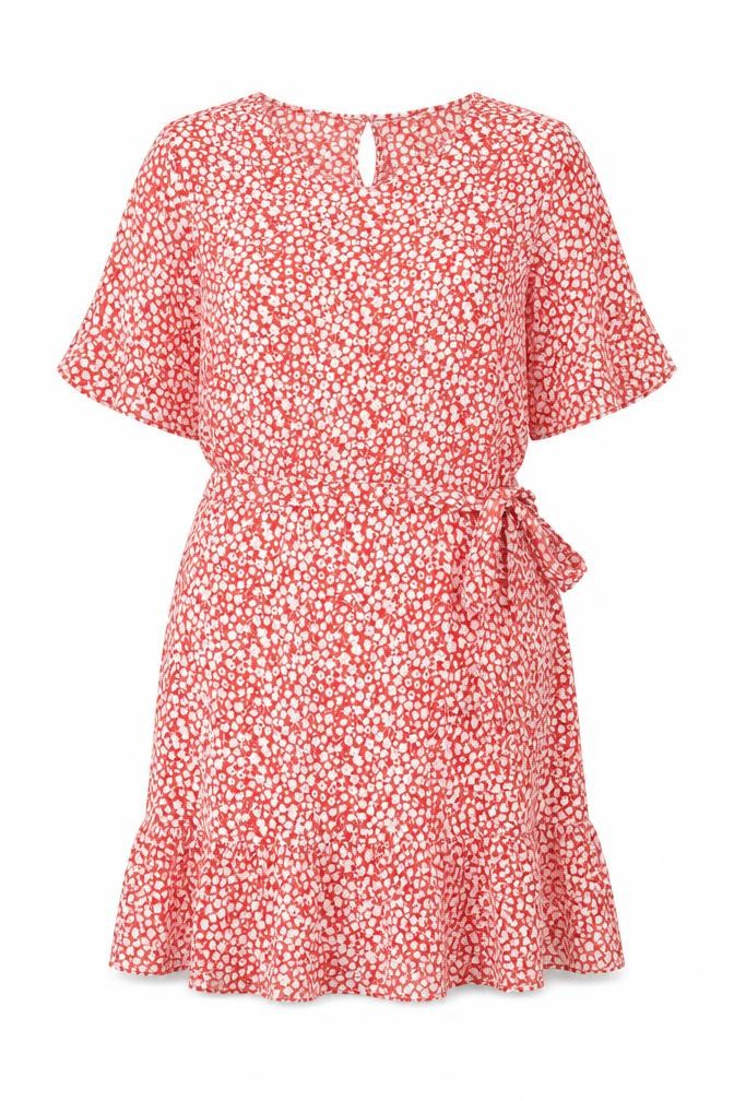 VERO MODA Womens Red Floral Polyester Wrap Dress Size 18 Round Neck Tie