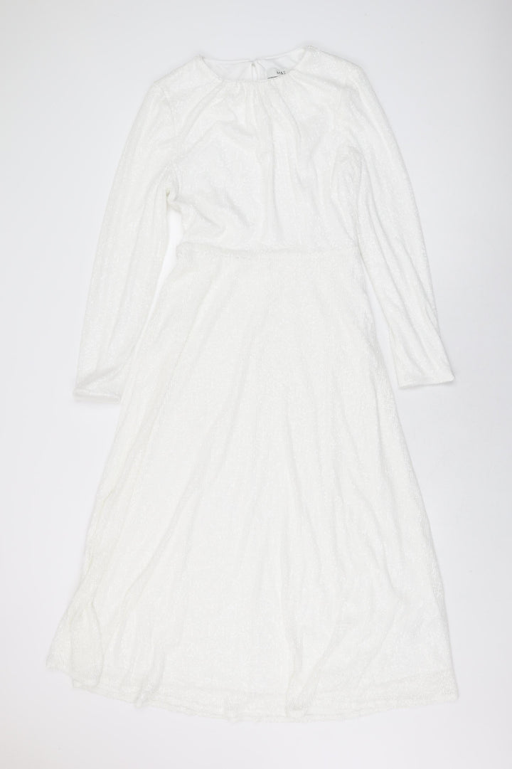 Marks and Spencer Womens White Polyester A-Line Size 8 Round Neck Zip