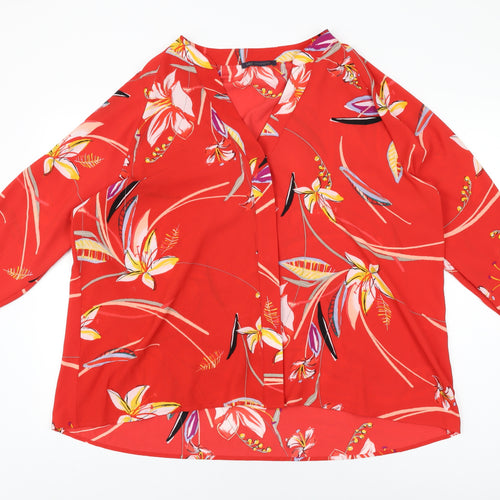 Marks and Spencer Womens Red Floral Polyester Basic Button-Up Size 18 V-Neck