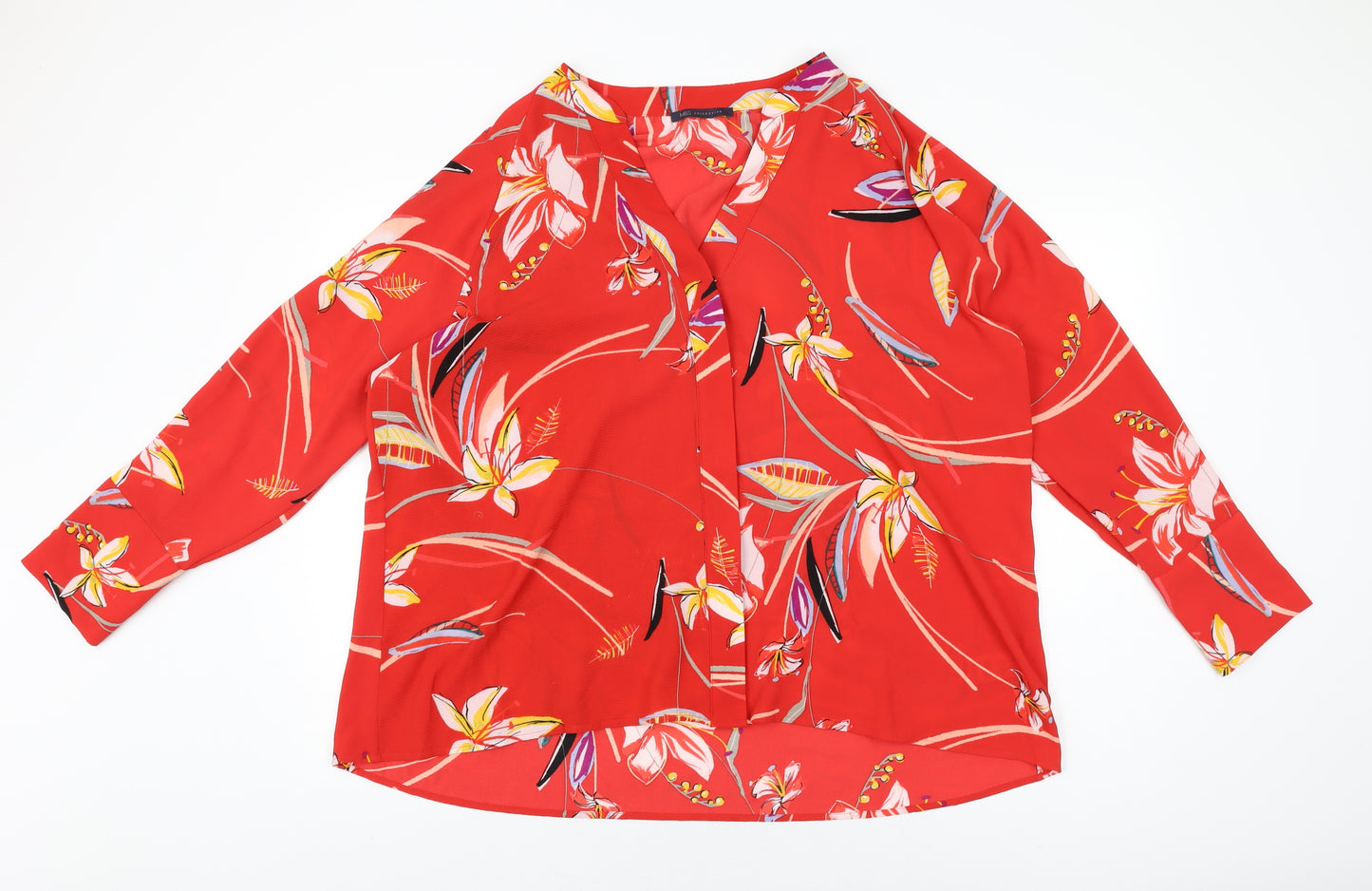 Marks and Spencer Womens Red Floral Polyester Basic Button-Up Size 18 V-Neck