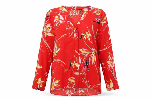 Front view of Marks & Spencer women’s red floral polyester basic button-up, size UK 18, v-neck