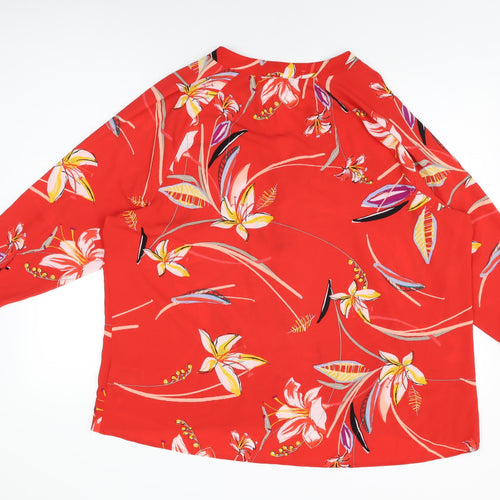 Marks and Spencer Womens Red Floral Polyester Basic Button-Up Size 18 V-Neck