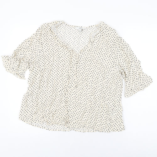 Marks and Spencer Womens Ivory Polka Dot Viscose Basic T-Shirt Size 16 V-Neck