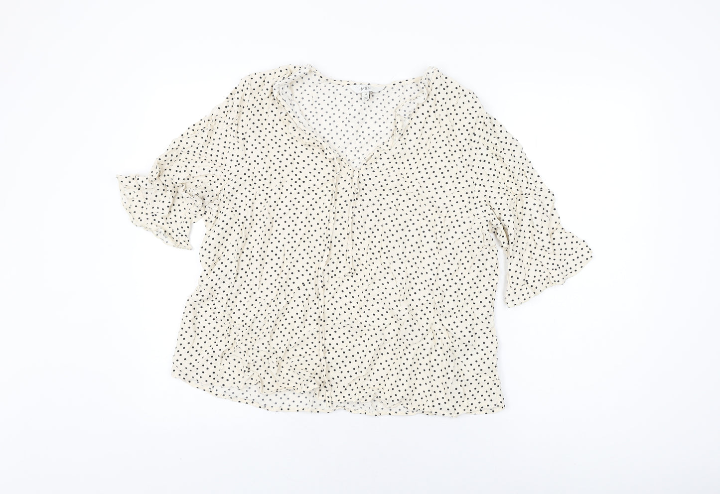 Marks and Spencer Womens Ivory Polka Dot Viscose Basic T-Shirt Size 16 V-Neck