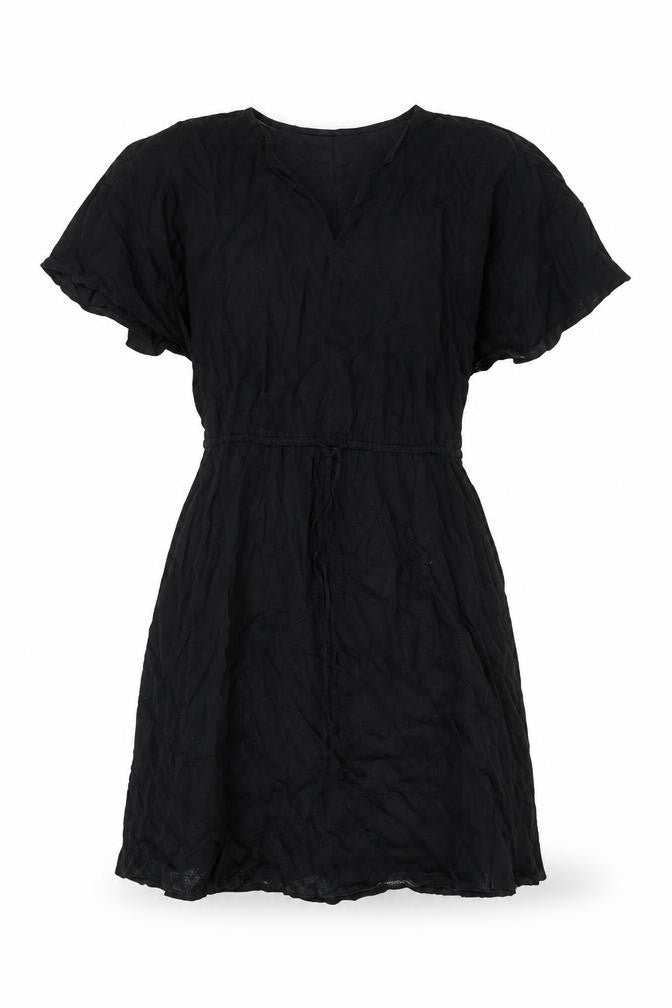 Front view of Marks & Spencer women’s black linen shift, size UK 10, v-neck pullover