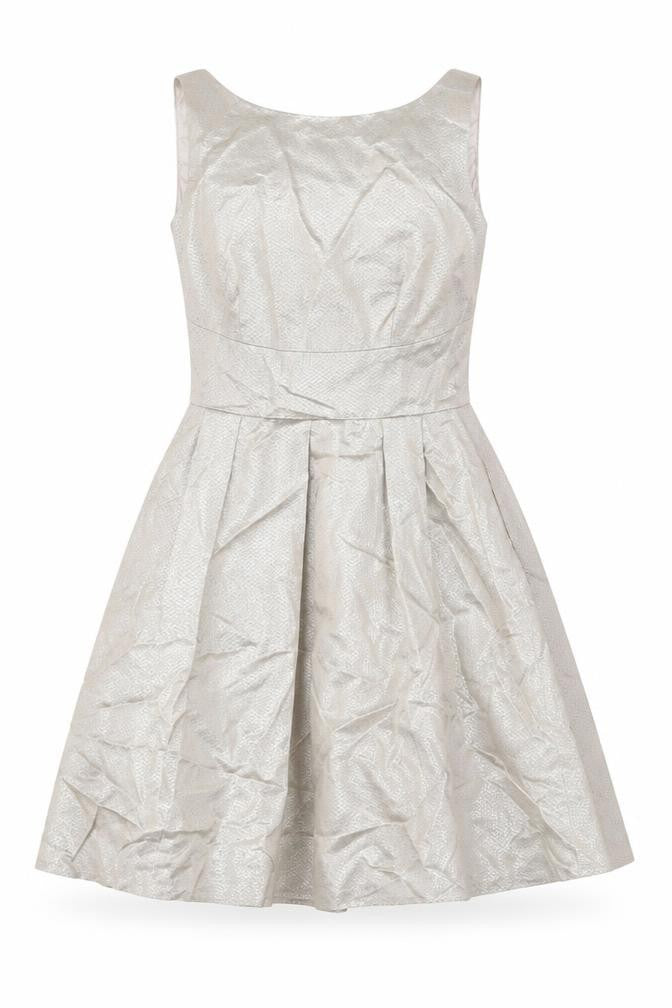 Front view of Coast women’s gold acetate a-line, size UK 10, round neck zip