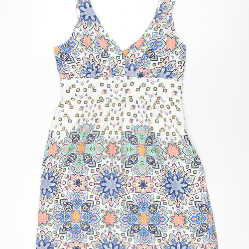 Kachel Womens White Floral Silk Shift Size 8 V-Neck Zip