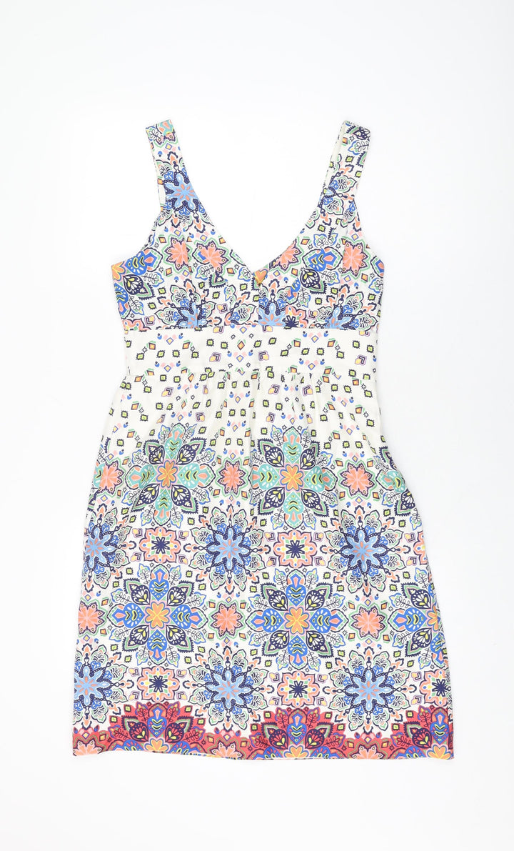 Kachel Womens White Floral Silk Shift Size 8 V-Neck Zip