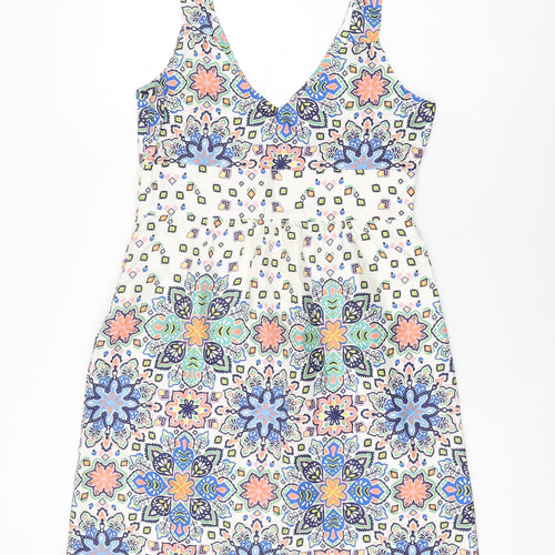 Kachel Womens White Floral Silk Shift Size 8 V-Neck Zip