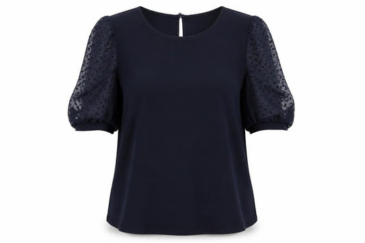 Front view of Adrianna Papell women’s blue polyester basic t-shirt, size L, round neck