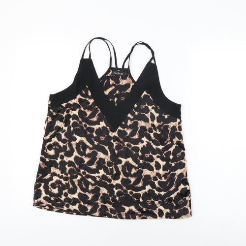 Boohoo Womens Black Animal Print Polyester Camisole T-Shirt Size 8 V-Neck