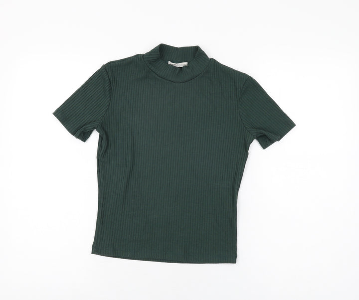 Pull&Bear Womens Green Polyester Basic T-Shirt Size M High Neck