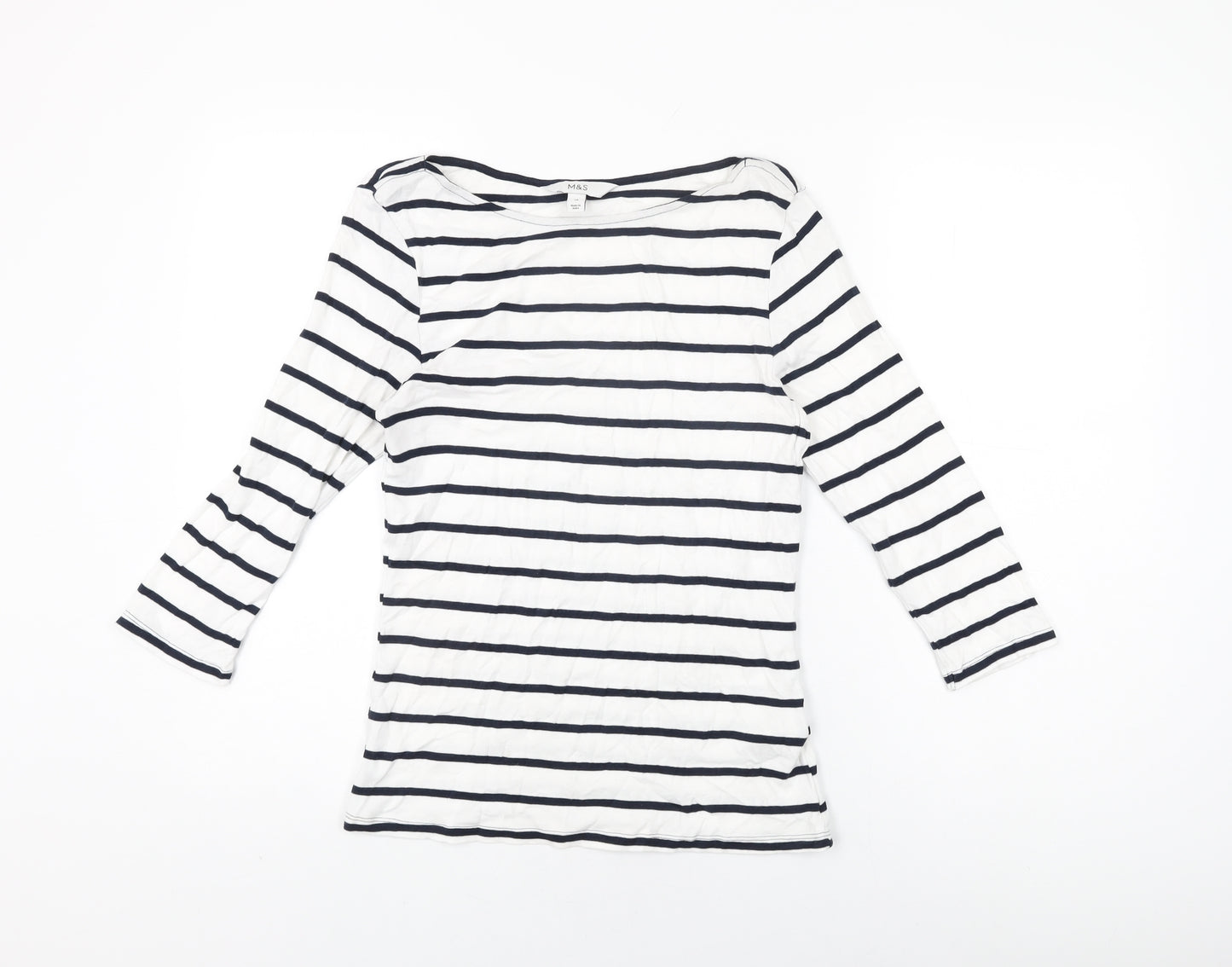 Marks and Spencer Womens White Striped Cotton Basic T-Shirt Size 10 Boat Neck