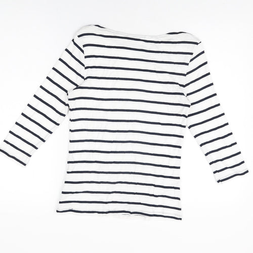 Marks and Spencer Womens White Striped Cotton Basic T-Shirt Size 10 Boat Neck