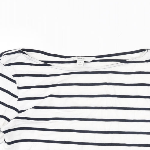 Marks and Spencer Womens White Striped Cotton Basic T-Shirt Size 10 Boat Neck