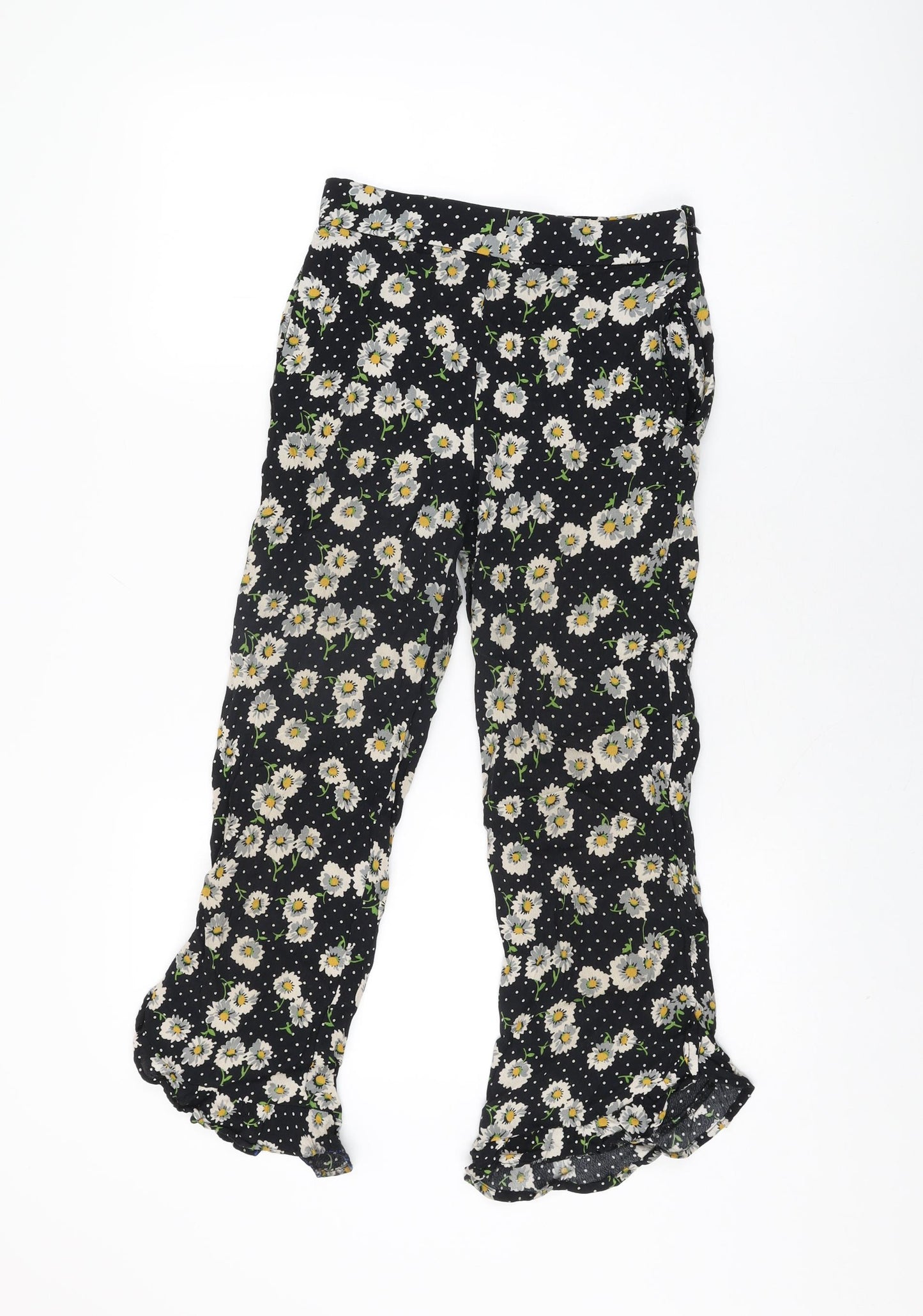 Zara Womens Black Floral Viscose Cropped Trousers Size XS L23 in Regular Zip