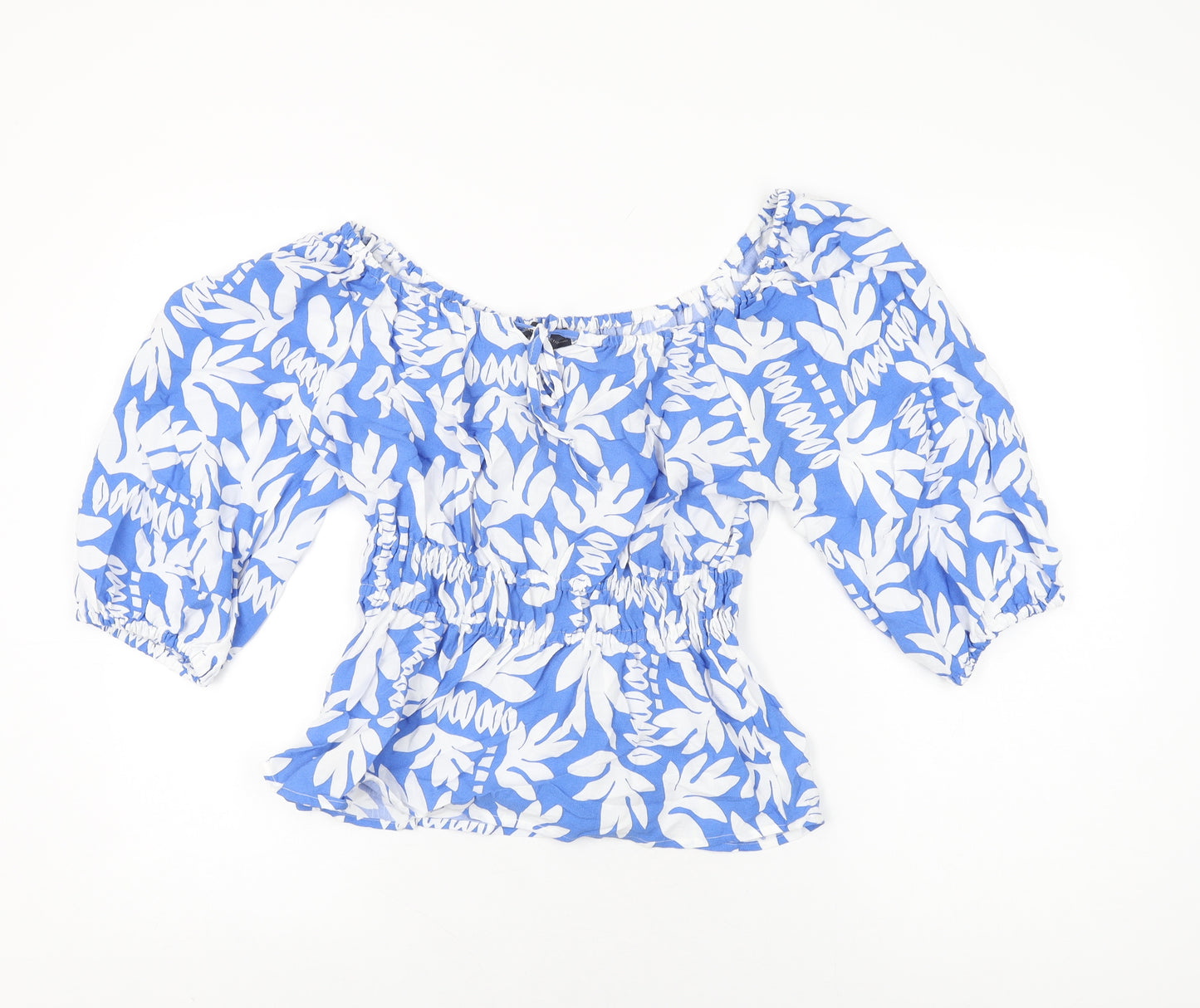 Marks and Spencer Womens Blue Floral Viscose Basic Blouse Size 14 Scoop Neck