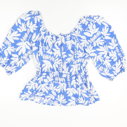 Marks and Spencer Womens Blue Floral Viscose Basic Blouse Size 14 Scoop Neck