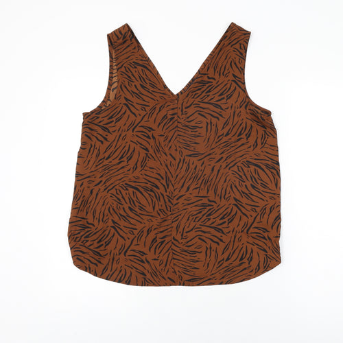 Marks and Spencer Womens Brown Animal Print Polyester Basic T-Shirt Size 12 V-Neck