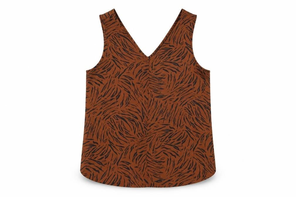 Front view of Marks & Spencer women’s brown animal print polyester basic t-shirt, size UK 12, v-neck