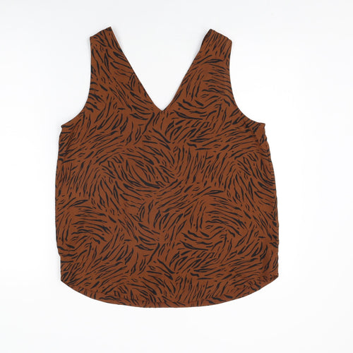 Marks and Spencer Womens Brown Animal Print Polyester Basic T-Shirt Size 12 V-Neck
