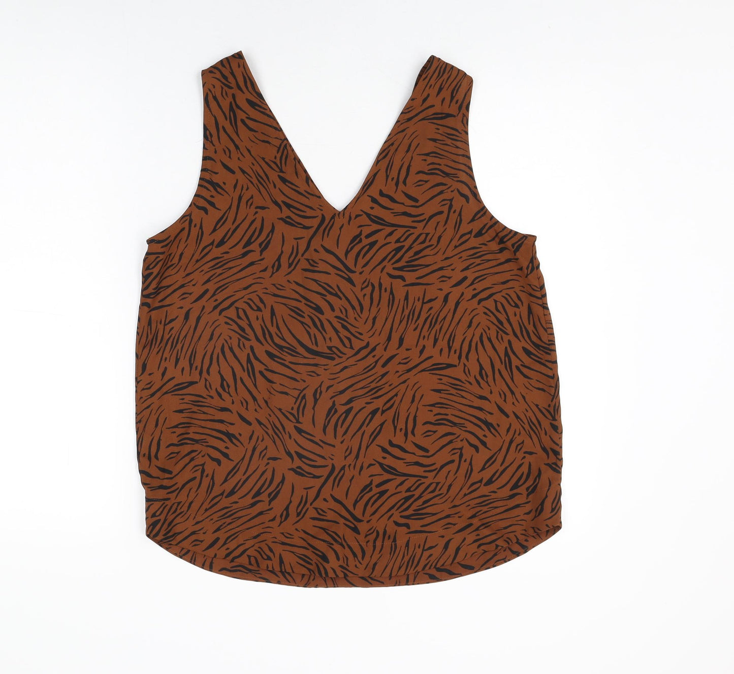 Marks and Spencer Womens Brown Animal Print Polyester Basic T-Shirt Size 12 V-Neck