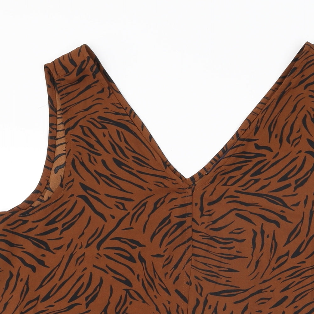 Marks and Spencer Womens Brown Animal Print Polyester Basic T-Shirt Size 12 V-Neck