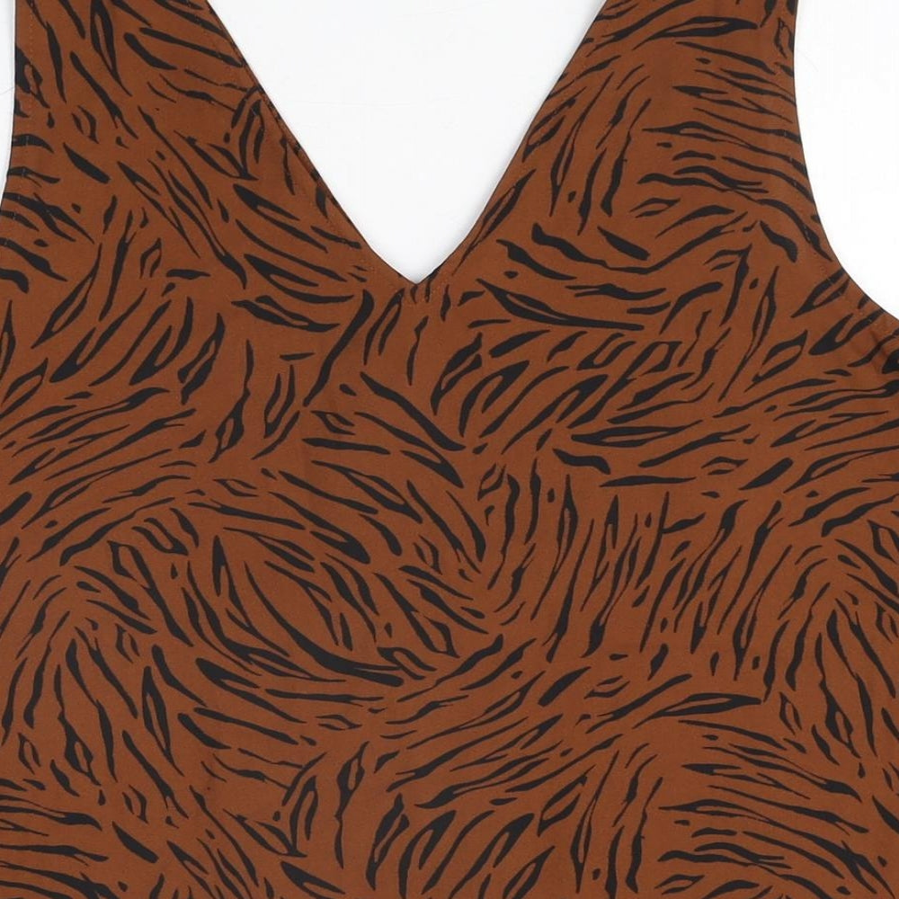 Marks and Spencer Womens Brown Animal Print Polyester Basic T-Shirt Size 12 V-Neck