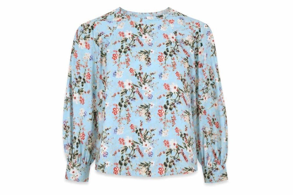 Front view of AX Paris women’s blue floral polyester basic blouse, size UK 12, round neck