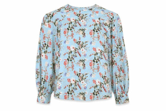 Front view of AX Paris women’s blue floral polyester basic blouse, size UK 12, round neck