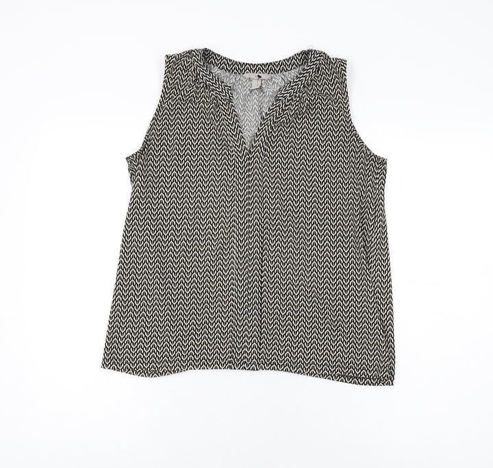H&M Womens Black Geometric Polyester Basic T-Shirt Size S V-Neck