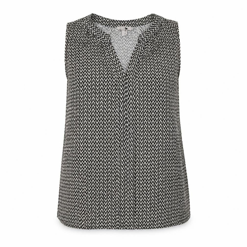 Front view of H&M women’s black geometric polyester basic t-shirt, size S, v-neck