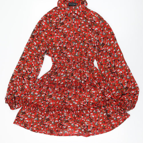 PRETTYLITTLETHING Womens Red Floral Polyester A-Line Size 6 Collared Button