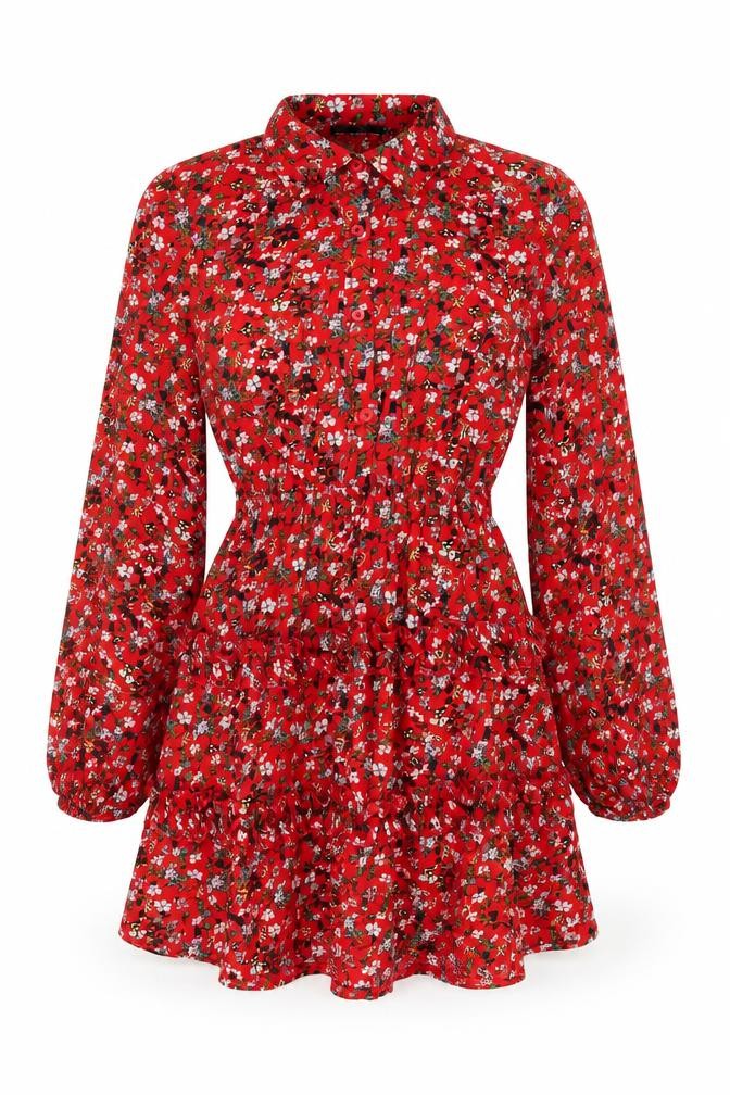 Front view of PRETTYLITTLETHING women’s red floral polyester a-line, size UK 6, collared button
