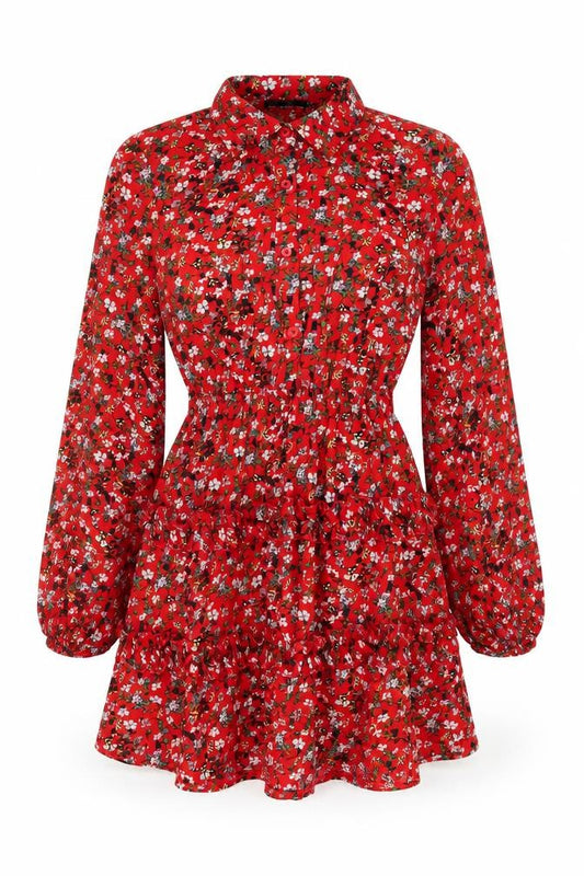 Front view of PRETTYLITTLETHING women’s red floral polyester a-line, size UK 6, collared button