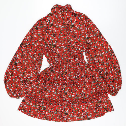PRETTYLITTLETHING Womens Red Floral Polyester A-Line Size 6 Collared Button