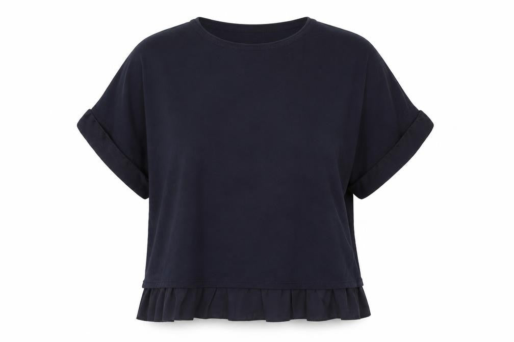 Front view of Warehouse women’s blue viscose basic t-shirt, size UK 10, round neck