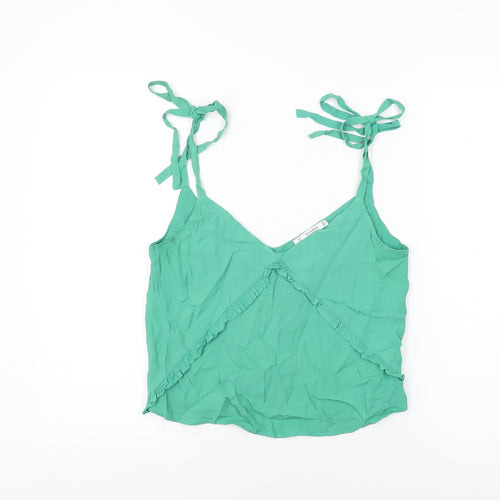 Pull&Bear Womens Green Viscose Basic T-Shirt Size S V-Neck
