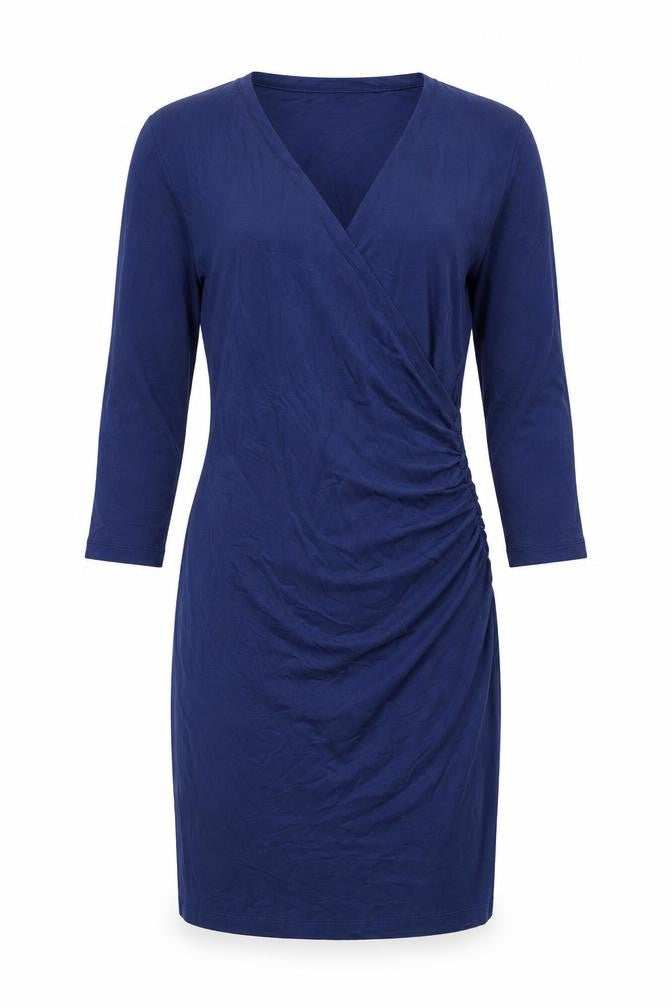 Front view of Baukjen women’s blue viscose bodycon, size UK 14, v-neck pullover