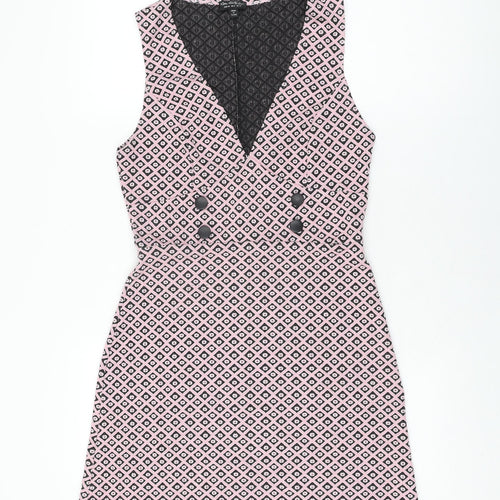 Miss Selfridge Womens Pink Geometric Polyester Shift Size 12 V-Neck Pullover