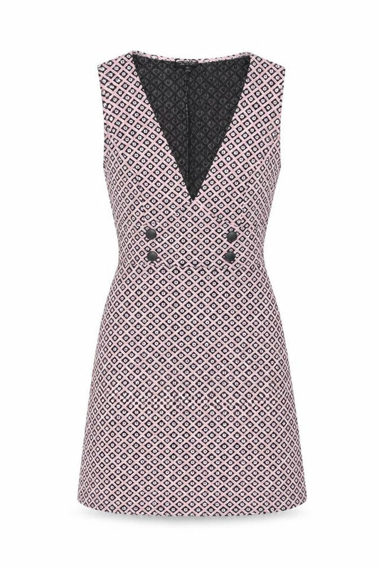 Front view of Miss Selfridge women’s pink geometric polyester shift, size UK 12, v-neck pullover