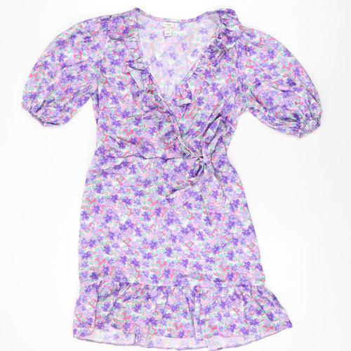 River Island Womens Purple Floral Polyester Skater Dress Size 8 V-Neck Pullover