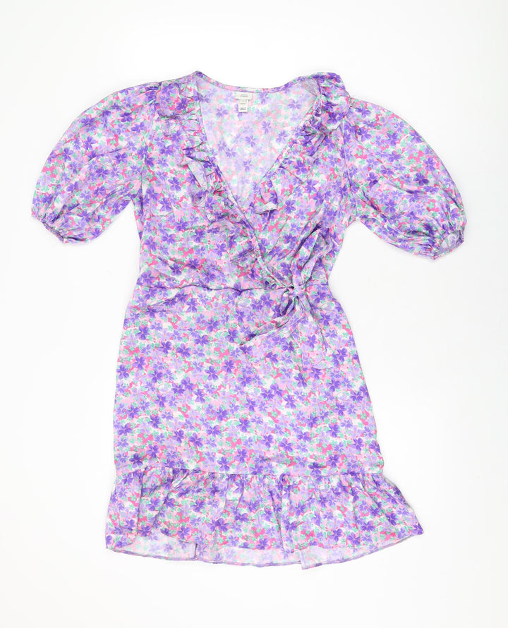 River Island Womens Purple Floral Polyester Skater Dress Size 8 V-Neck Pullover