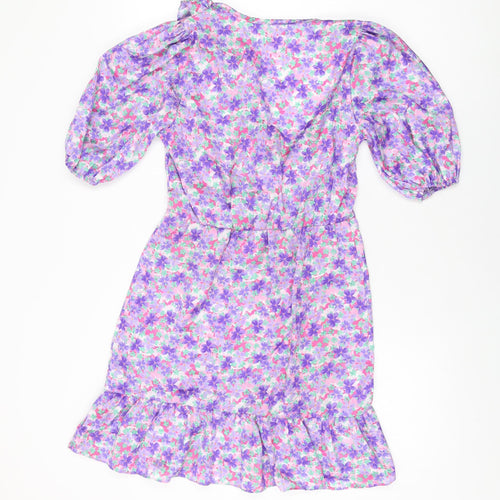 River Island Womens Purple Floral Polyester Skater Dress Size 8 V-Neck Pullover
